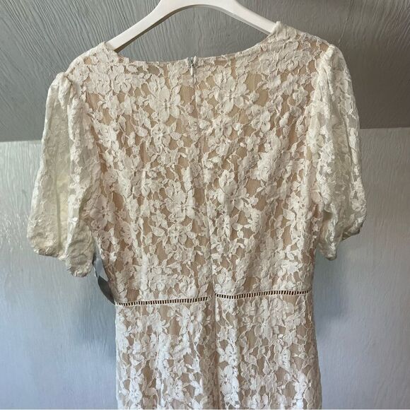 Revolve NSR Puff Sleeve Nude Tan White Cream Floral Lace Dress - Picture 7 of 10